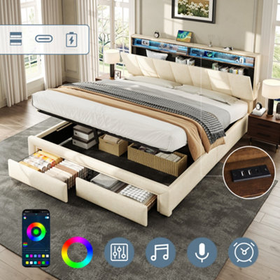 Btm 5Ft King Upholstered Bed With Hydraulic And Drawer Storage Adjustable Led Headboard Usb Ports Beige from B&Q