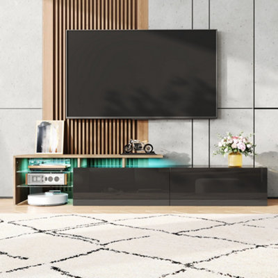 Btm Modern Tv Cabinet With Storage Glass Shelves Led Lighting Black And Wood Look from B&Q