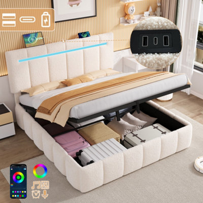 Btm 5Ft King Upholstered Bed Frame With Hydraulic Storage Led Adjustable Headboard Charging Ports Boucle Beige No Mattress from B&Q