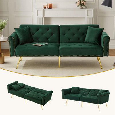 Btm Green Velvet 2 Seater Sofa Bed With Adjustable Backrest Gold Metal Legs Space Saving Stylish Durable Small Spaces from B&Q