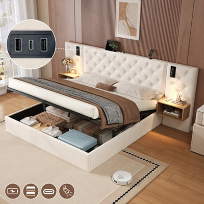 Btm 5Ft King Upholstered Bed Frame With Hydraulic Storage Velvet Tufted Headboard Charging Station Reading Light Beige No Mattress from B&Q