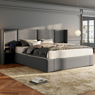 Btm 5Ft King Velvet Ottoman Storage Bed Frame Hydraulic Headboard With Usb Ports Sockets Two Bedside Tables Grey No Mattress from B&Q