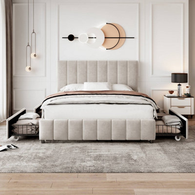 Btm 4Ft6 Double Upholstered Bed With 4 Storage Drawers Velvet Platform Frame Adjustable Channel Tufted Headboard Beige No Mattress from B&Q