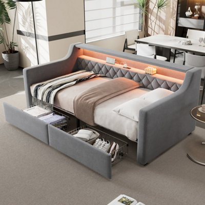Btm 3Ft Single Upholstered Daybed 90X190Cm With Led Light Strip Usb Charging Port Type A And Type C 2 Drawers Velvet Grey from B&Q