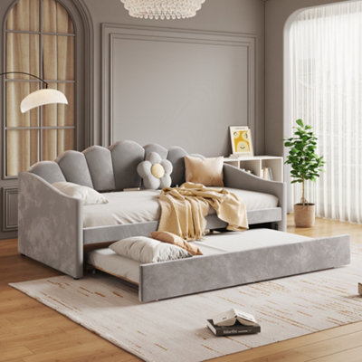 Btm 3Ft Single Upholstered Bed 90X190Cm With Pull Out Trundle Daybed Sofa Bed Velvet Grey Easy Assembly from B&Q