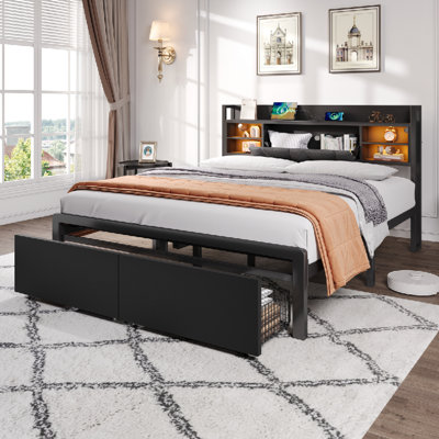 Btm Metal Bed 4Ft6 Double 135X190Cm Black Led Lights Usb A And C Charging Ports Drawers Storage Headboard With Storage from B&Q