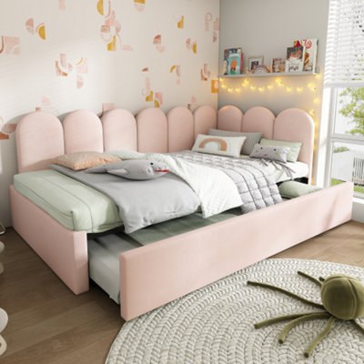 Btm Upholstered Daybed With Pull Out Bed 3Ft Single Sofa Bed 90X190Cm Velvet Pink Guest Bed No Mattress from B&Q