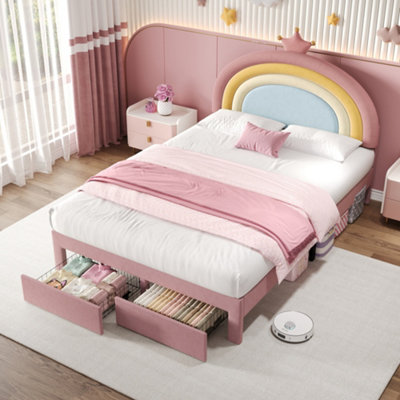 Btm 4Ft6 Double Bed Frame Velvet Upholstered With Rainbow Crown Headboard Storage Drawer Pink No Mattress Easy Assembly from B&Q