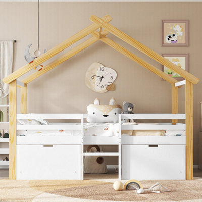 Btm Wooden 3Ft Single Kids Bed 90X190Cm Mdf Pine Plywood Safety Guardrail Storage Drawers Wheels Roof Shape White Natural Kids Bed from B&Q