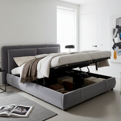 Btm Grey 4Ft6 Upholstered Hydraulic Storage Bed 135X190Cm Velvet With Removable Soft Headboard Storage Durable Frame from B&Q