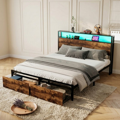Btm Metal Double Bed 4Ft6 With Led Light 2 Drawers Usb Ports Wrought Iron Frame Black Walnut 135X190Cm from B&Q