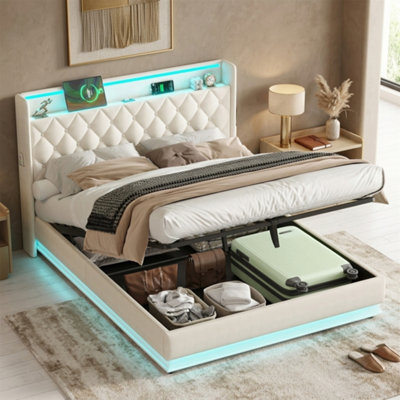 Btm Beige King Size Bed 5Ft Linen Upholstered Frame With Hydraulic Storage Led Button Tufted Headboard Usb Type C from B&Q