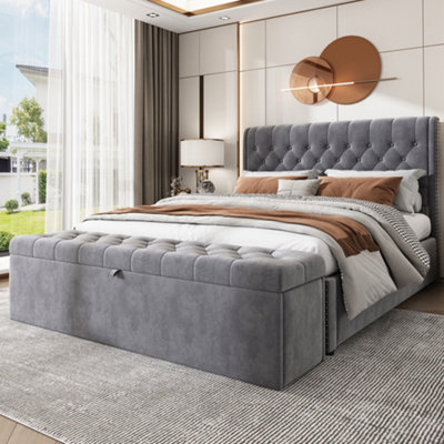 Btm Upholstered Bed Double Bed 4Ft6 135X190 Cm With Bench 135X41X42 Cm Hydraulic Lever Storage Bed Rivet Linen Grey from B&Q