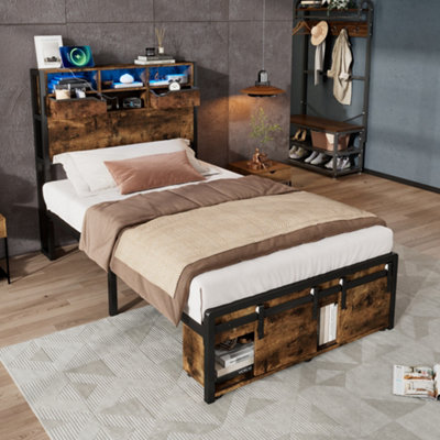 Btm Metal Bed 3Ft Single With Led LightsUsb & Type-C ChargingStorage FrameBlack And Wood Finish from B&Q