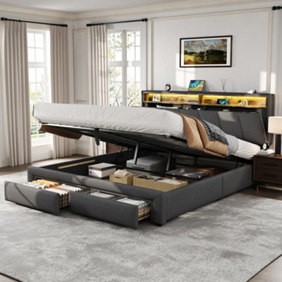 Btm 4Ft6 Double Upholstered Bed With 4 Storage Drawers Velvet Platform Frame Adjustable Channel Tufted Headboard Beige No Mattress from B&Q