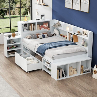Btm Single Bed 3Ft 90X190Cm Childrens Bed With Drawers Bookcase Storage Cupboard Slatted Frame White No Mattress from B&Q