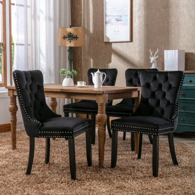 Btm Set Of 6 Modern Velvet Dining ChairsButton Tufted With Solid Wood Legs And Knocker Ring For Dining Or Living Room (Black) from B&Q