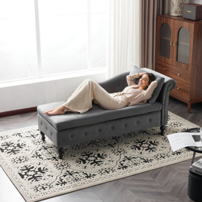Btm Velvet Chaise Lounge Sofa With Storage Grey Upholstered Couch With Pillow Tufted Lounge Chair Right Armrest from B&Q