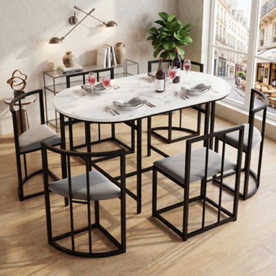 Btm 6 Chair Dining Table Set White Table Grey Cushion Chairs Black Iron Frame Modern Dining Room Table And Chair Combination from B&Q