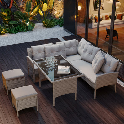 Btm Seven Seater Rattan Garden Corner Sofa Set With Table And Stool Outdoor Patio Lounge Mixed Khaki Wicker Cushions from B&Q