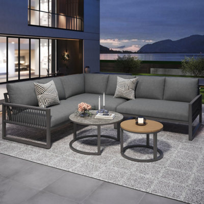 Btm Seven Seater Outdoor Garden Lounge Set Corner Sofa With Galvanised Iron Frame Adjustable Legs Cushions Grey from B&Q