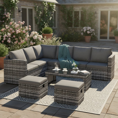 Btm Modern Garden Corner Sofa  Lounge Set Wicker Patio Sofa  Rattan Sofa Outdoor Furniture With Coffee Table 2 Stools from B&Q