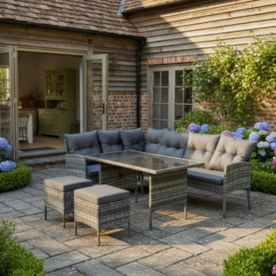 Btm 7 Seater Rattan Garden Furniture Outdoor  Corner Sofa Set With Table And Stool Outdoor Patio Lounge Mixed Grey Wicker Cushions from B&Q