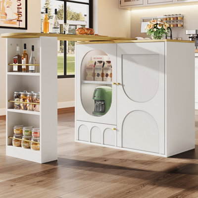 B&Q -  Rotating Bar Table With Storage Shelves Kitchen Island With Doors And Sideboard Cabinet White