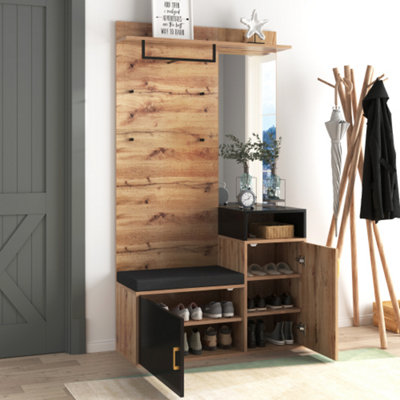 B&Q -  Wardrobe Set With Shoe Cabinet Mirror Coat Hooks Wall Rack Upper Shelf And Bench Seat For Hallway Use