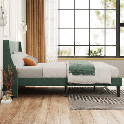 Btm Single Bed Velvet 3Ft Upholstered Bed With Winged Headboard, Wood Slat Support Dark/Green