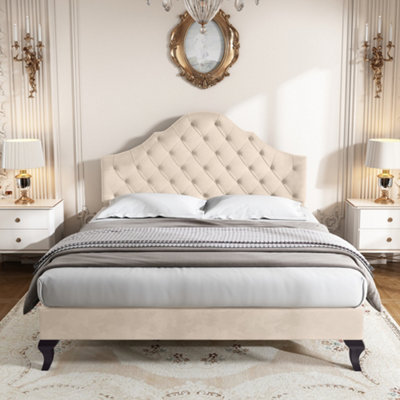 BTM Upholstered Bed 4Ft6 Slatted Frame Headboard Height-Adjustable Youth Bed Velvet Beige from B&Q