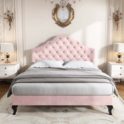 Btm Upholstered Bed 4Ft6 Slatted Frame Headboard Height-Adjustable Youth Bed Velvet Pink