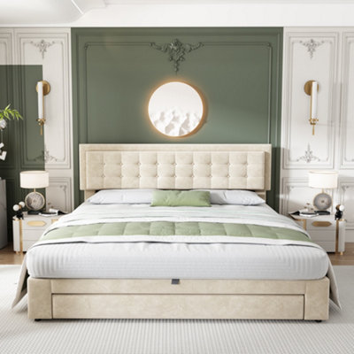 BTM Upholstered Bed King Size 5Ft 150X200 Cm Velvet Fabric Large Storage Slats Headboard Without Mattress Cream from B&Q