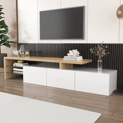 Btm Modern Tv Cabinet With Highgloss White Wooden LookGlass ShelvesLed LightingStylish And Practical Storage from B&Q