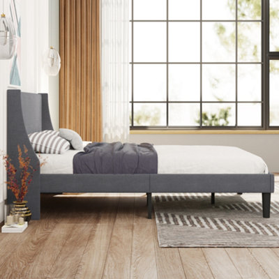 Btm Double Bed Soft Linen 4Ft6 Upholstered Bed With Winged Headboard, Wood Slat Support Grey