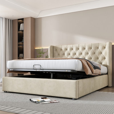 BTM Upholstered Bed 135X190Cm Hydraulic Storage Bed Without Mattress Velvet Beige from B&Q