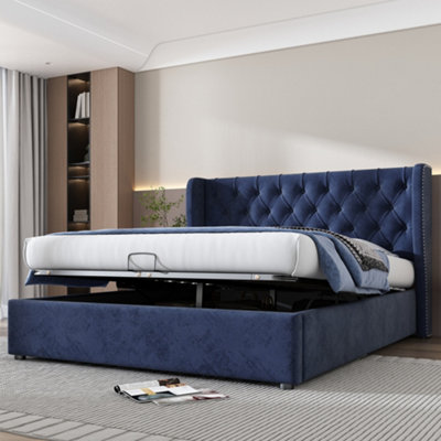 BTM Upholstered Bed 135X190Cm Hydraulic Storage Bed Without Mattress Velvet Blue from B&Q