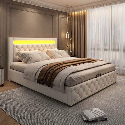 BTM Upholstered Bed 150 X 200 Cm Functional Bed With Slatted Frame And Storage SpaceLed Lighting In Different ColorsWhitePu from B&Q