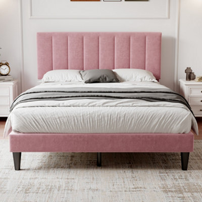 BTM 4Ft6 Double Upholstered Velvet BedAdjustable Channel-Tufted HeadboardPink (No Mattress) from B&Q