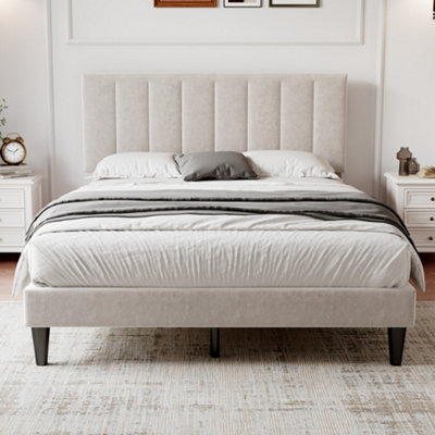 BTM 4Ft6 Double Upholstered Velvet BedAdjustable Channel-Tufted HeadboardBeige (No Mattress) from B&Q