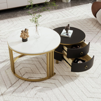 Btm 2-In-1 Mdf Round Coffee Table With Glossy Surface & White Marble Top2 DrawersWhite & BlackLiving Room Set from B&Q