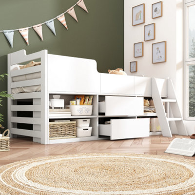 Btm White Cabin Bed 3Ft Single Kids Mid Sleeper With Drawers And Shelf Storage Wooden Frame 90X190Cm For Children from B&Q
