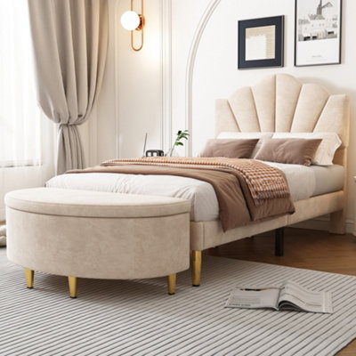BTM Upholstered Bench With Storage Velvet Box Footstool Metal Legs Hallway Living Room Bedroom 90X40X42 Cm Beige Old from B&Q