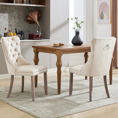 BTM Set Of 6 Modern Velvet Dining ChairsButton Tufted With Wood Legs And Knocker Ring For Dining Or Living Room (Beige) from B&Q