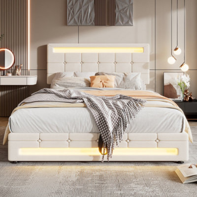 BTM Upholstered Hydraulic Bed4Ft6 Double Bed 135X190CmLed Light StripsVelvet+IronBeige from B&Q