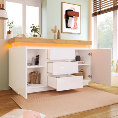 Btm White High-Gloss Sideboard With 2 Doors3 Drawers & Rgb Led (App-Controlled)Multi-Purpose Cabinet For Living/bedroom140Cm from B&Q