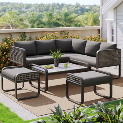 Btm 7 Seater Rattan Garden Lounge Setcorner Sofa With Galvanized Iron FrameAdjustable Legs & Cushions (Grey) from B&Q