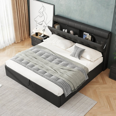 Btm Upholstered Double Bed 4Ft6 135X190CmHydraulic StorageHeadboard StoragePu Black from B&Q