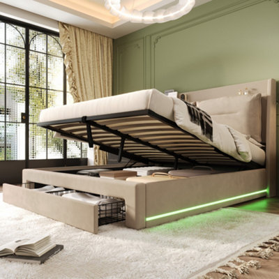 BTM Upholstered Bed 135X190 4Ft6 Double Bed Hydraulic 2-In-1 Storage Drawers Led Light Strips Slatted Frame Velvet Beige from B&Q
