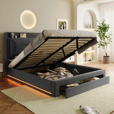 BTM Upholstered Bed 150X200 5Ft King Size Bed Hydraulic 2-In-1 Storage Drawers Led Light Strips Slatted Frame Velvet Dark Gray from B&Q